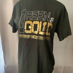 Short Sleeve Green and Gold Tee with Bold Graphic Design